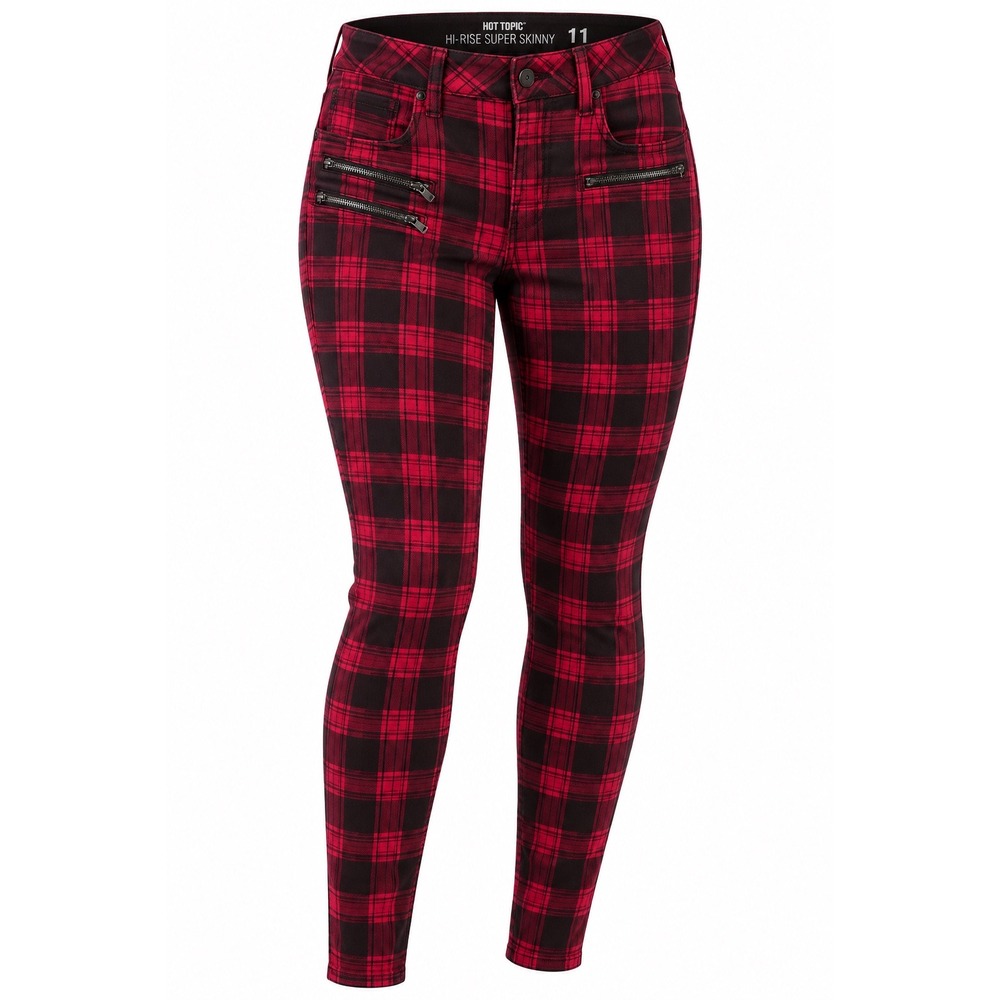 Hot Topic Denim Plaid Skinny Jeans Womens 11 Red Black Zipper Grunge Emo SoftAlt
